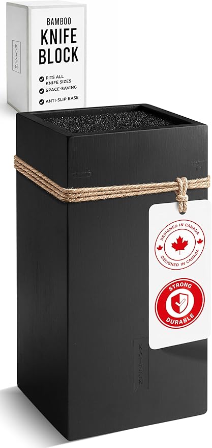 KAIZEN Bamboo Knife Block Without Knives - Perfectly Sized Universal Knife Holder for Knives, Scissors - Unique Knife Storage for Counter Top with Anti-Slip Base (Black)