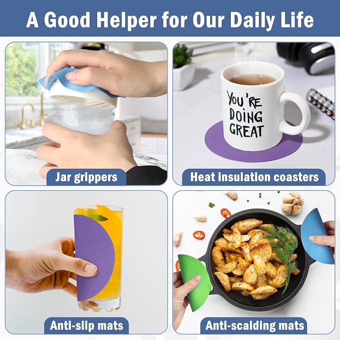 Aixoom Rubber Jar Opener Pads Set of 4, Non-Slip Gripper Pads for Jars | For Seniors & Weak Hands, Heat-Resistant Trivet, Kitchen Coaster & Jar Lid Grip for Jars and Bottles (Circle)