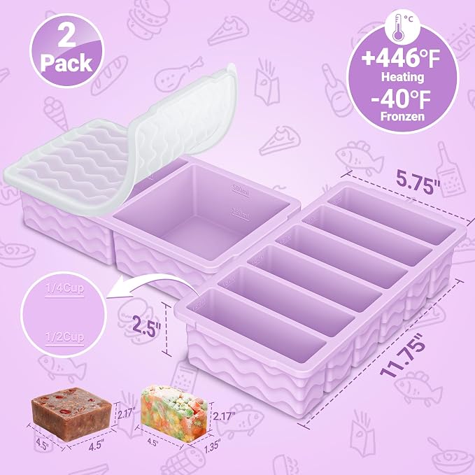 2-Pack Silicone Freezer Trays with Lid, 2 Large 2-Cup(500ml) & 6 Small 1/2-Cup(125ml) Soup Freezer Container Molds, Ice Cube Tray For Meal Prep & Freezing Soup, Stews, Sauces, Oven & Dishwasher-Safe