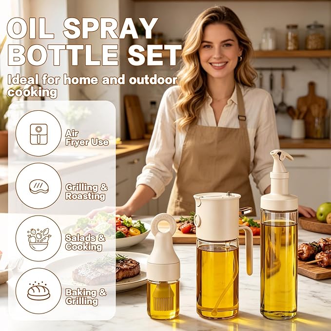 3-Piece Oil Dispenser Set, 580ml 3-in-1 Olive Oil Sprayer and Pourer, Includes Oil Bottle with Silicone Basting Brush and Large-Capacity Glass Dispenser for Air Fryer, BBQ and Baking