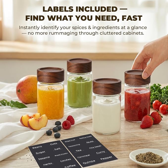 4 Pack 8 oz Glass Spice Jars with Wooden Lids, Tall Small Mason Jars with Airtight Acacia Wood Lid, Empty Clear Containers for Herb, Seasoning, Sprinkles & Pantry Organization