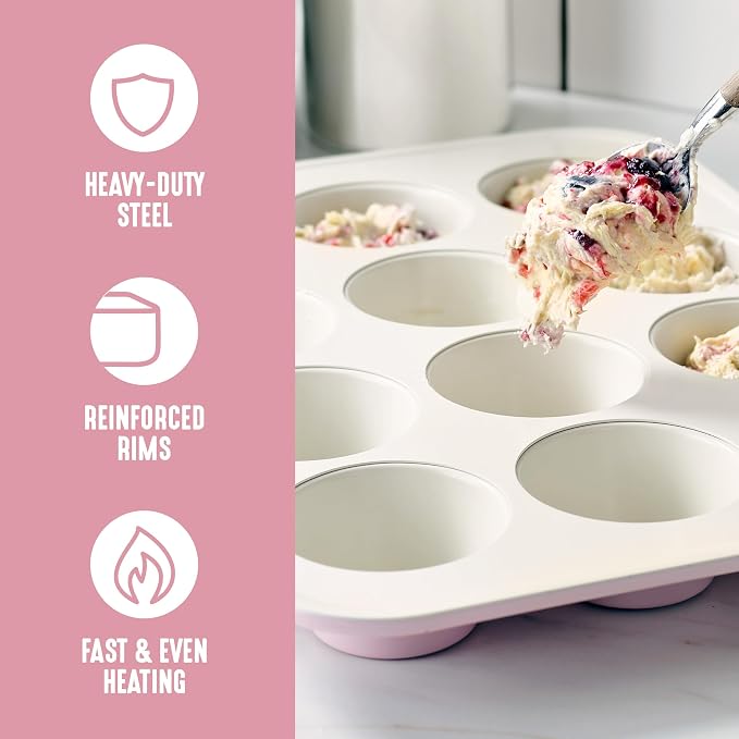 GreenLife 12 Cup Ceramic Nonstick Muffin Pan, Pink