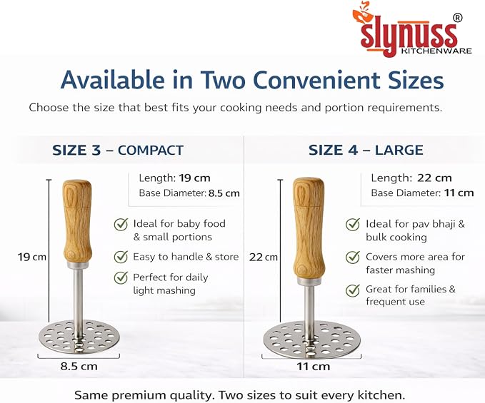 Slynuss ® | Potato Masher Stainless Steel | Pav Bhaji Smasher for Kitchen with Wooden Handle | Potato Smasher | kitchen utilities | Pack of 1| (Round-Size-3), 8.5 CM