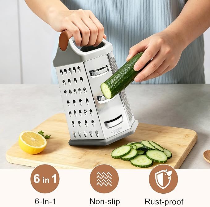 Box grater for kitchen 6 Sided - Cheese Graters Handheld, Stainless Steel Shredder for Food Vegetable Carrot Potato Tomato (Brown)