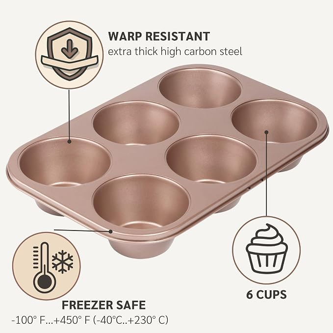 6 Cup Jumbo Muffin Pan Nonstick, PFOA & BPA Free | | Non-Toxic - High Carbon Steel - Gold - Large Cupcake Tin for Oven Baking