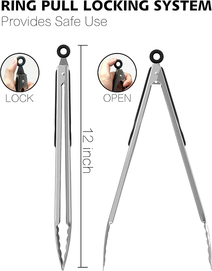 Anaeat Premium Stainless Steel Kitchen Tong, 12" Sturdy Coiled Spring Locking Food Tong with Non-Slip Silicone Grip for Cooking, Baking, Grilling, BBQ - Heat Resistant up to 480°F (Black)