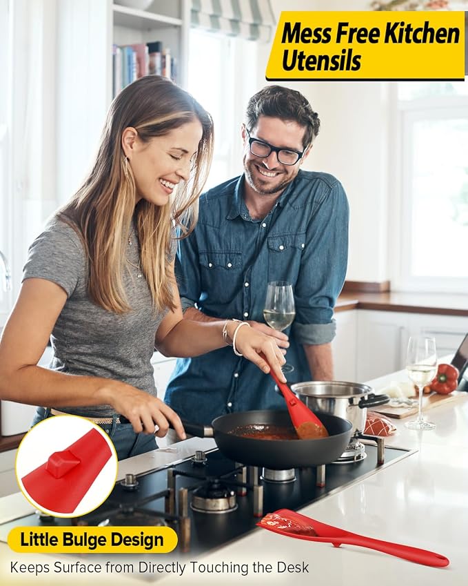 Pack of 2 Cooking Spoons for Non Stick Cookware, Multifunction Spatula Spoon BPA-Free, One-Piece Design, Suitable for Scooping, Scraping, Serving and Mixing (RED)