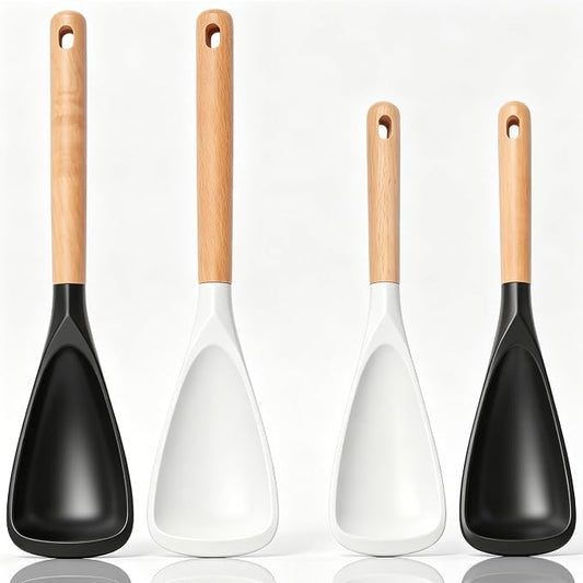 4Pcs Silicone Spatula Set with Wooden Handle, Black White Cooking Spoon Spatula Multipurpose Kitchen Utensils for Mixing, Scraping, Serving, Heat Resistant, Non-Stick Safe, 2 Large 2 Small