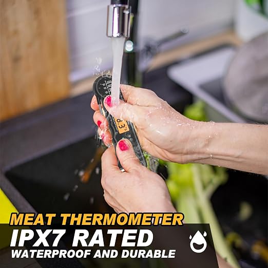 Waterproof Instant Read Digital Meat Thermometer for Cooking and Grilling, Food Thermometer with Backlight, Magnet, Calibration, and Foldable Probe, Bottle Cap Opener for Kitchen Gadgets, BBQ, Grill