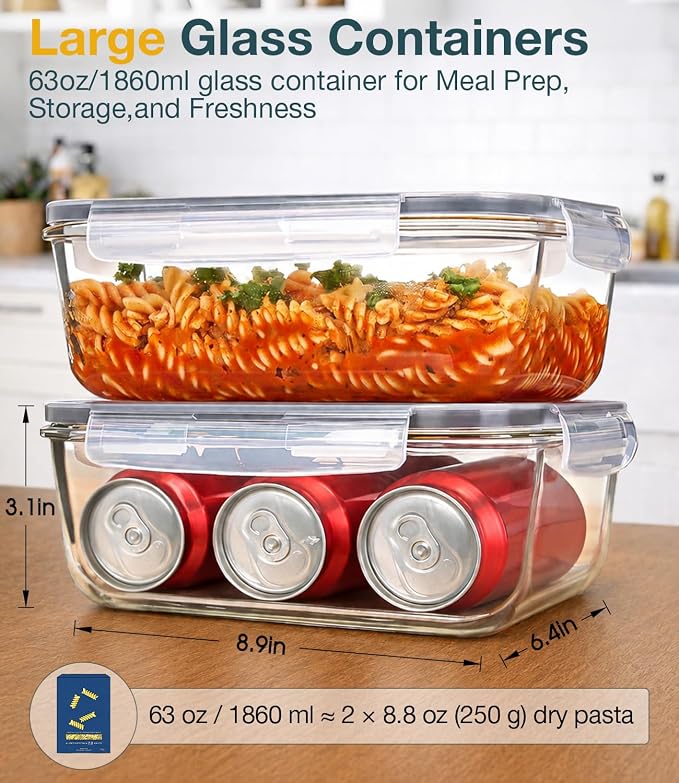 Large Glass Food Storage Containers with Lids, 2 Pack, 8 Cups/ 63oz | Meal Prep Food Container Set for Family Meal, Leftovers, Baking, Leak-Proof, Microwave, Oven, Freezer & Dishwasher Safe
