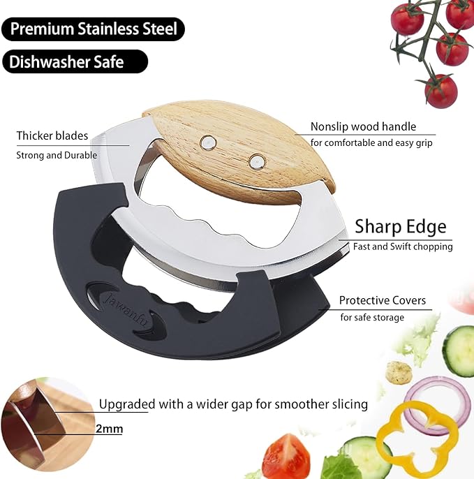 Salad Chopper Tools with Protective Cover, Sharp Mezzaluna Chopping Knife, Double Blade, Stainless Steel Rocker Knife for Salad, Handheld Vegetable Mincing, Father day gifts