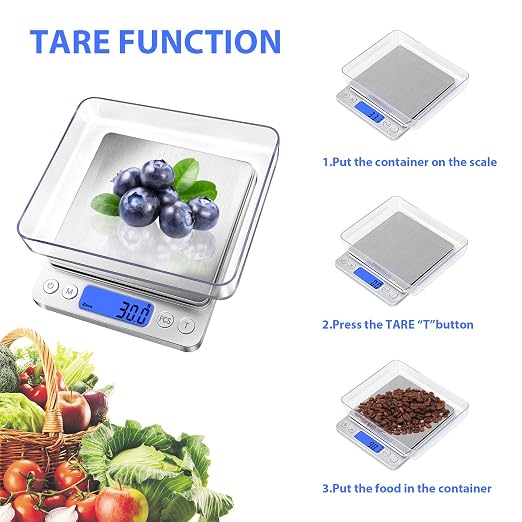 Food Scale, Rechargeable Kitchen Scale with Trays 3000g/0.1g, Mini Scale with Tare Function Digital Scale Grams and Ounces for Weight Loss, Dieting, Cooking, Meal Prep, Coffee, Jewelry