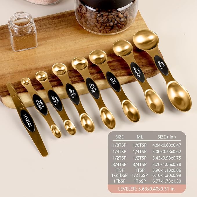 ChefAide Pack of 8 Stainless Steel Magnetic Measuring Spoons Set, Dual Sided, Stackable, Adjustable Teaspoon and Tablespoon Measure Spoon with Leveler, Kitchen Gadgets