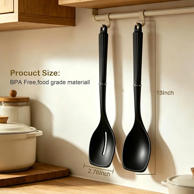 2 Pack Silicone Cooking Spoon Spatulas, 13Inch Non Stick Large Rubber Solid Slotted Spoon Set for Mixing, Draining, Scraping, Heat Resistant Kitchen Utensils, Black