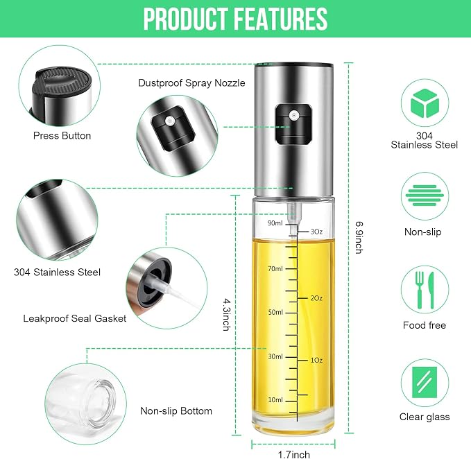 Olive Oil Sprayer and Dispenser with Silicone Brush for Cooking, Spray Bottle Set, Glass Dispenser, Mister, Salad, BBQ, Kitchen Baking, Roasting, Air Fryer, 2 Pack, (KP02)