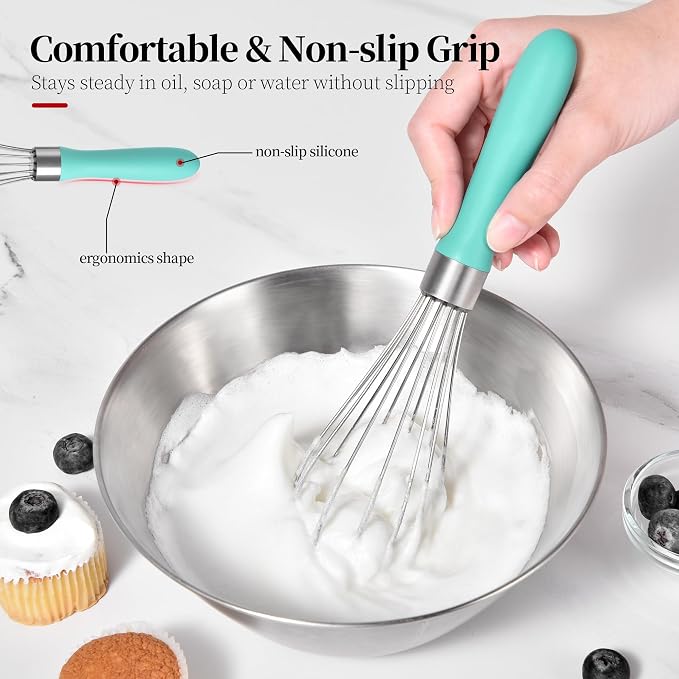 18/8 Stainless Steel Balloon Whisk for Cooking (Small, Turquoise) | Heavy Duty Metal Kitchen Wire Whisker Wisking Tool Egg Beater Hand Mixer for Mixing Baking Beating Stirring Sauce Flour
