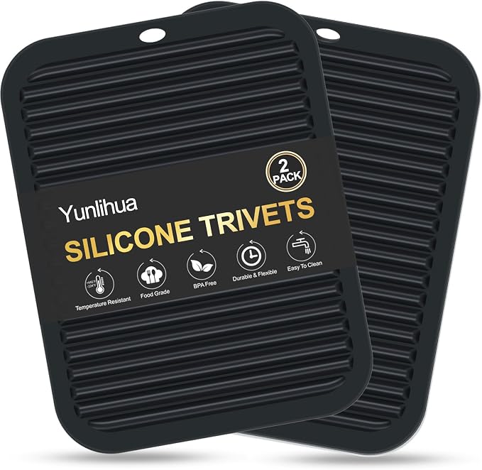 9"x12" Heat Resistant Silicone Trivets for Hot Pots and Pans, Hot Dishes | 2 PCS Large Multipurpose Non Slip Pot Holders Hot Pads Mats for Kitchen Countertop Table, Food Grade & BPA Free, Black