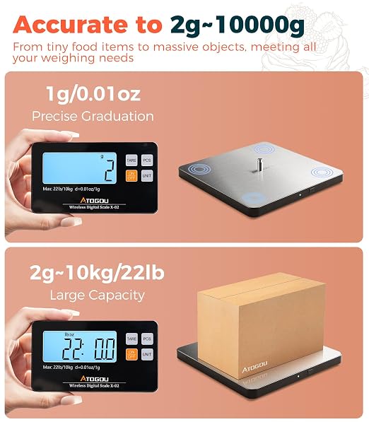 Atogou Wireless Kitchen Scale, 22lb/10kg Food Scale with Detachable Display | 0.01oz/1g Precision, Larger Platform, 9 Units, Counting Function, Stainless Steel, for Cooking, Baking, Shipping, Silver