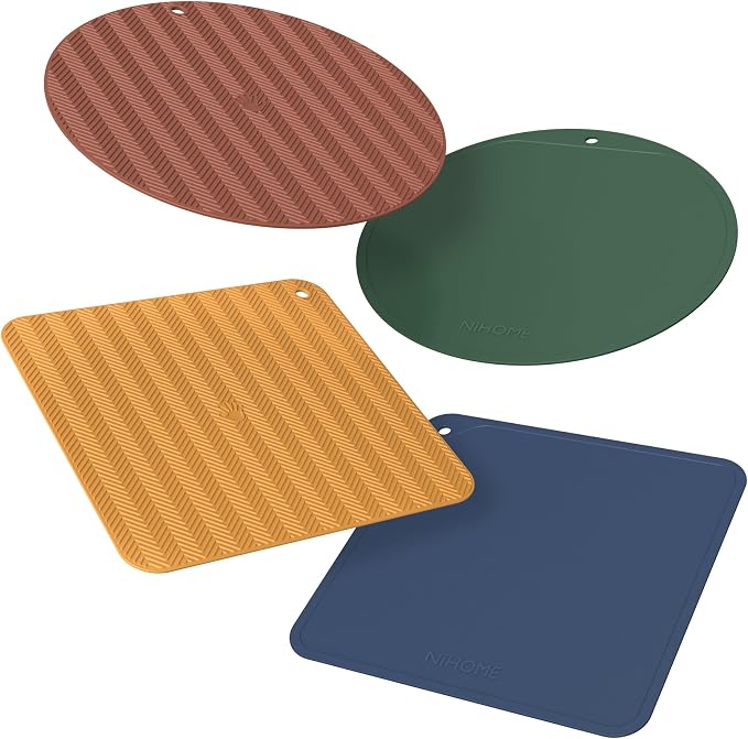 NiHome Jar Opener Gripper Pads, 6in Silicone for Seniors, 4-Pack | Multiple Vintage Colors & Set Options, Palm-Textured with Hang Holes, Square and Round Shapes, Dishwasher Safe Coaster