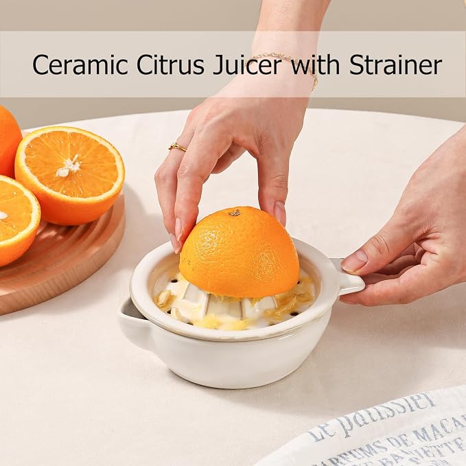 Ceramic Citrus Lemon Orange Juicer Manual Squeezer, Hand Juicer Reamer Rotation Press with 6.8oz Bowl, Strainer Lid, Spout, Handle, Dishwasher Safe, Easy to Clean