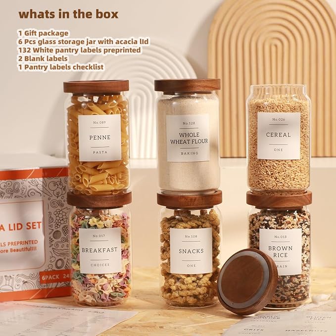 6 Pack Glass Canisters with Airtight Acacia Lids and 132 Kitchen Pantey Labels Preprint - 24 Fl Oz Borosilicate Glass Pantry Storage Jars Containers with Wooden Lids for Tea,Sugar,Cookie,Coffee,Candy