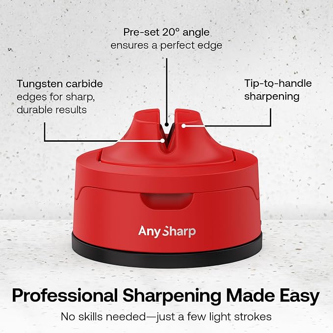 AnySharp – Evo – Hands Free Knife Sharpener - Easy to Use Sharpening Tool with Improved PowerGrip Suction Base and 20-Deg Pre-Set Angle - for All Knives: Chef's, Serrated, and Hardened Steel - Red