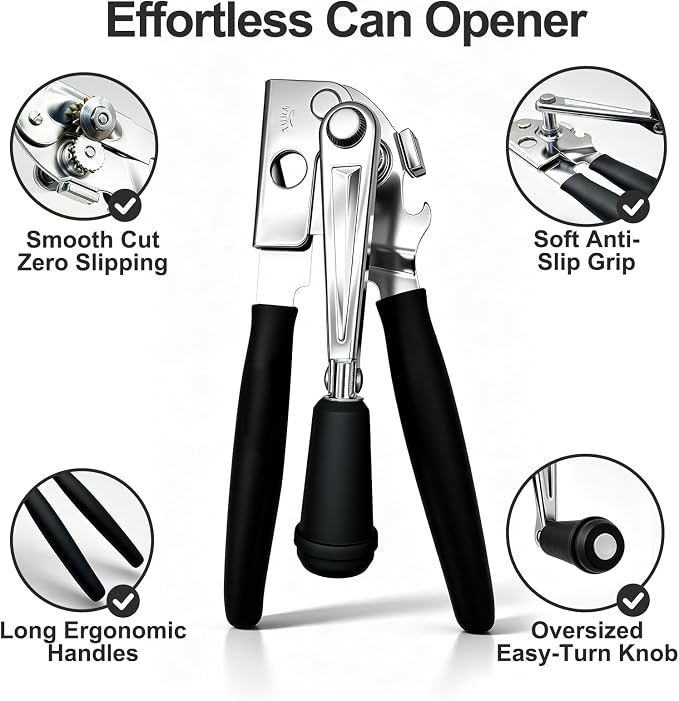 Commercial Can Opener Manual – Heavy Duty with Ergonomic Extra-Long Handle, Effortless for Seniors & Arthritis, Perfect for Large Cans, Restaurants, Home & Camping