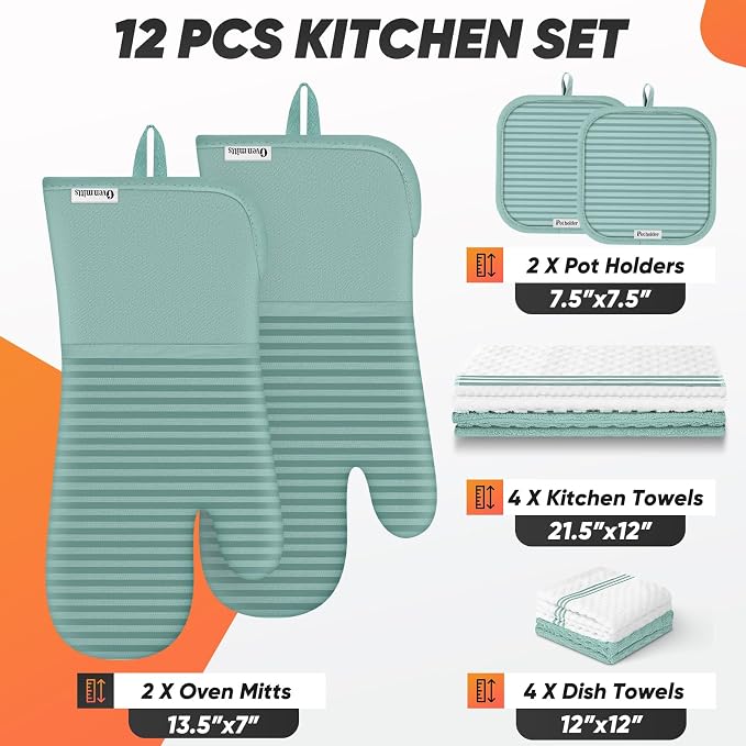 Oven Mitts Kitchen Towels and Dishcloths with Pot Holders Sets, Oven Gloves Hot Pads 500°F Heat Resistant with Silicone Grip, Include 2 Cooking Gloves/2 Potholders/4 Kitchen Towels/4 Dish Towels