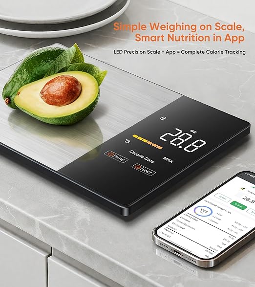 Smart Nutrition Food Scale with LED Display, Tracks Calories, Fat, Carbs & Protein via App, 1g Precision Digital Kitchen Scale for Healthy Eating & Meal Prep