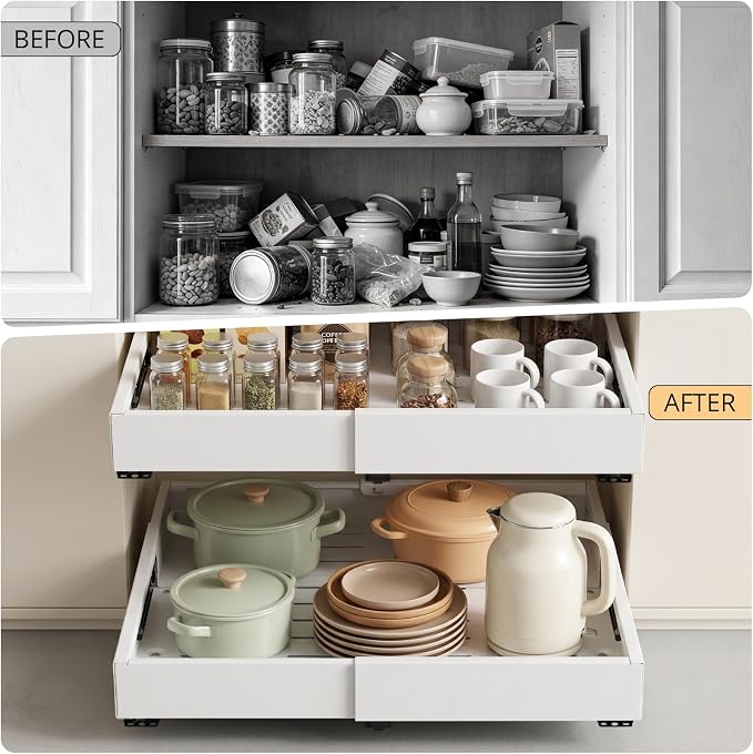 DOMNIU 2 Pack Pull Out Cabinet Organizers Width(12"-19"), Depth(17"-23") | Slide Out Drawers, Upgrade 3 Slide Rails Sliding Drawer for Kitchen Cabinet Organizer, White