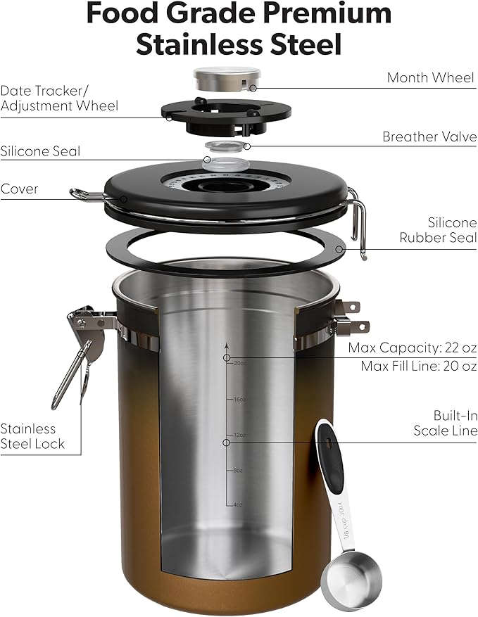 Veken Coffee Canister with Window, Airtight Stainless Steel Container, 22OZ | Kitchen Food Storage Pantry Organizers for Beans,Ground,Espresso,Rice,Tea,Sugar,Bar Accessories,Gifts,Lids,Jars, Scoop,Copper