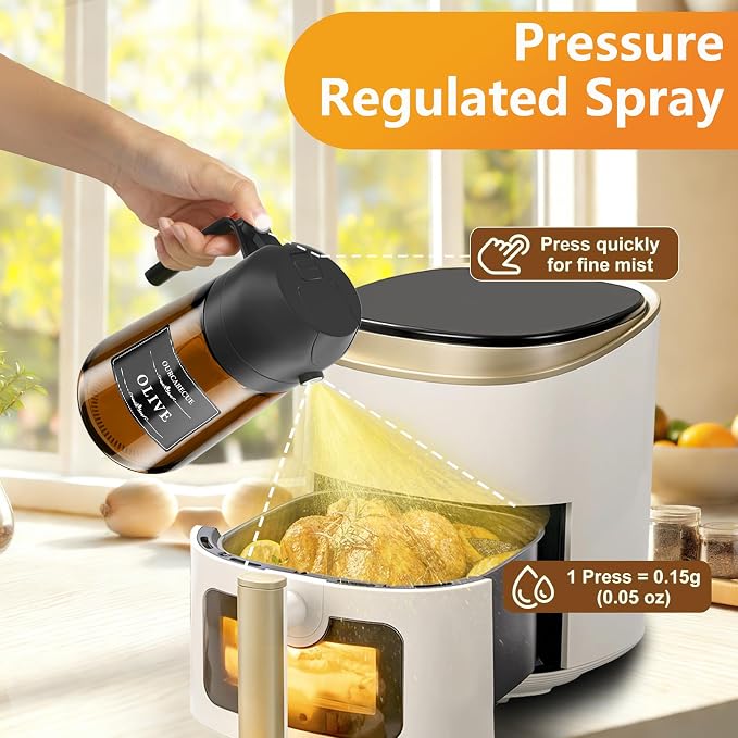 OURCABECUE 2 in 1 Olive Oil Sprayer for Cooking, 16oz/470ml Glass Olive Oil Dispenser Bottle for Kitchen, Light-Blocking Dark Brown Oil Mister with 8 Oil Stickers (Black 2PC)