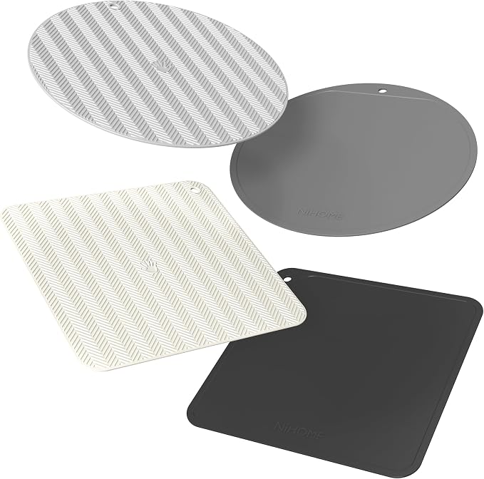 NiHome Jar Opener Gripper Pads, 6in Silicone for Seniors, 4-Pack | Multiple Neutral Colors & Set Options, Palm-Textured with Hang Holes, Square and Round Shapes, Dishwasher Safe Coaster