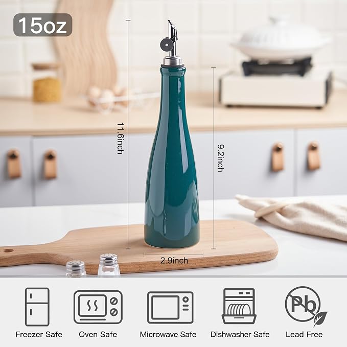 YOLIFE Olive Oil Dispenser Bottle, 15oz Ceramic Oil Dispenser for Kitchen | Oil Bottle with Gravity Spout, Leak Proof EVOO Dispensing Bottle with 2 Spouts and 1 Funnel for Vinegar, Juice(Green)