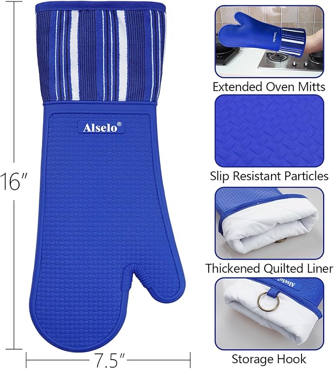 Alselo Oven Mitts Heat Resistant Silicone Kitchen Gloves for 550 Degrees with Waterproof and Non-Silp, Oven Gloves for Baking Cooking Barbecue Microwave Machine Washable (Extra Long Navy, 2)