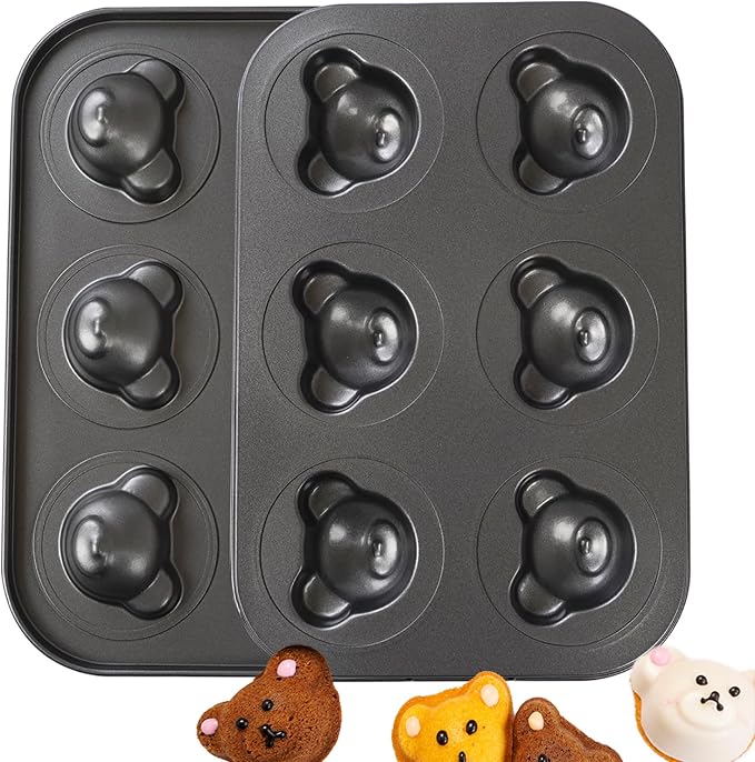 2 Pack Mini Bear Shaped Muffin Pans, 6 Cavity Non-Stick Madeleine Mold Cake Pan, Mini Muffin for Edible Bear Cake Topper Decoration Shower Birthday Party Decorations