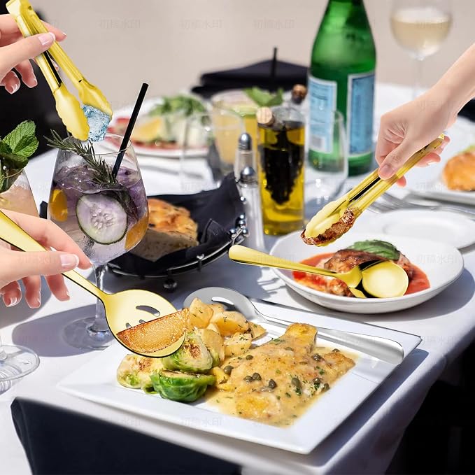 12PCS Gold Stainless Steel Serving Utensils Sets - Large Serving Spoons,Slotted Spoons,Serving Tongs,Appetizer Tongs,Utensills Sets for Buffet Catering Banquet Party (Gold)