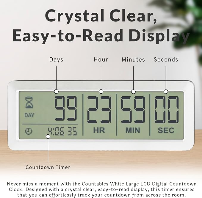 White Large LCD Digital Countdown Clock, Up to 999 Days - Easy to Set & Read Reusable Count Down Timer for Retirement, Wedding, Christmas, Holiday,Baby Due Date,Birthday & More