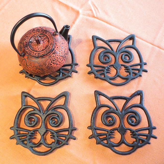 Cat Trivet - Black Cast Iron - for Kitchen & Dining Table - More Than One Makes a Set for Counter, Wall Art or Decoration Accessory - Housewarming & Cat Lover Gifts - 6.6 by 6.3 in