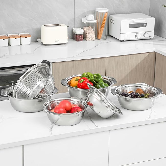 Paoli 304 Stainless Steel Fine Mesh Colander Set, 5QT Large Capacity Strainer with Mixing Bowl — Rinse Fruits, Veggies, Rice & Drain Pasta, Dishwasher Safe (2-Piece Gold)