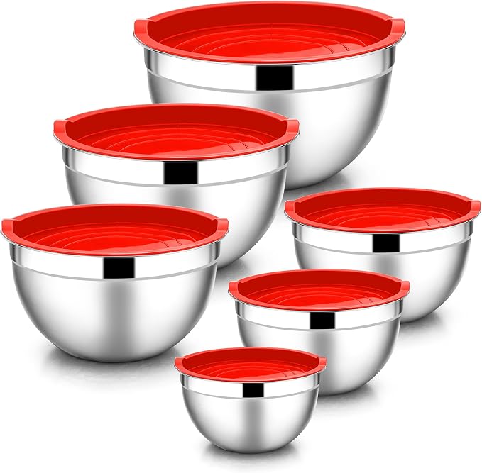 E-far Mixing Bowls with Lids, 12-Piece Stainless Steel Salad Bowls Metal Nesting Bowls for Baking Cooking and Prepping, Airtight Lids & Stackable Design, Size 7, 4.5, 3, 1.5, 1.2, 0.7 QT (Red)