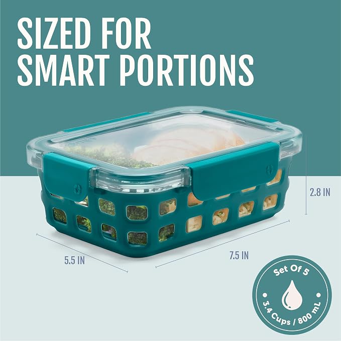 Ello Duraglass 3.4 Cup Glass Meal Prep Containers, 10 Pc, 5 Pack, Melon | Glass meal prep set with silicone sleeves, leakproof BPA-free lids, microwave and oven safe, freezer and dishwasher safe