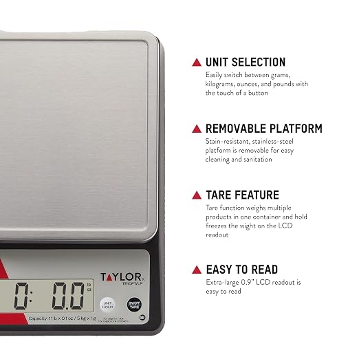 Taylor TE10FT 11-Pound Commercial Digital Portion Control Scale, 11 lb (5 kg) in 0.1 oz (1 g) Food and Cooking Scale, Tare and Hold Function, NSF, Stainless Steel Platform