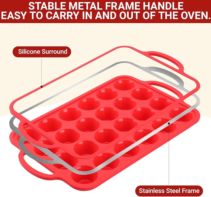 Redfly Silicone Mini Muffin Pans for Baking 24 Cup with Steel Frame Non-Stick,2Pack Small Cupcake Pan, Food Grade, Easy Release,Dishwasher Oven Freezer Microwave Safe for Muffin Tin Cake Pop Molds