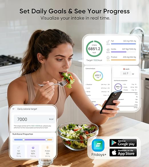 Smart Nutrition Food Scale with LED Display, Tracks Calories, Fat, Carbs & Protein via App, 1g Precision Digital Kitchen Scale for Healthy Eating & Meal Prep
