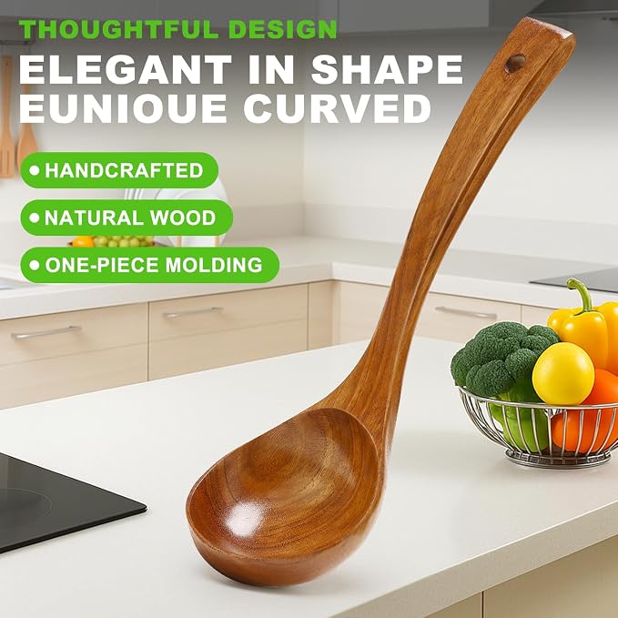 3 Pack Wooden Ladles for Serving Spoon Soup Ladle Wood Spoons for Cooking Ladel Large Spoon Kitchen Tools Ladles Big Spaghetti Spoon Laddle Non Toxic Soup Spoons Teak deep Ladle