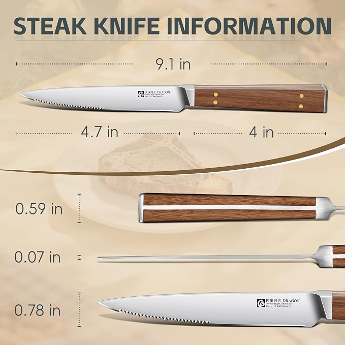 Purple Dragon Steak Knives Set of 6 - Smooth Edge Non-Serrated Blade with Square Wooden Handle – Elegant, Balanced, High Carbon German Steel - Christmas Gift for Men and Women