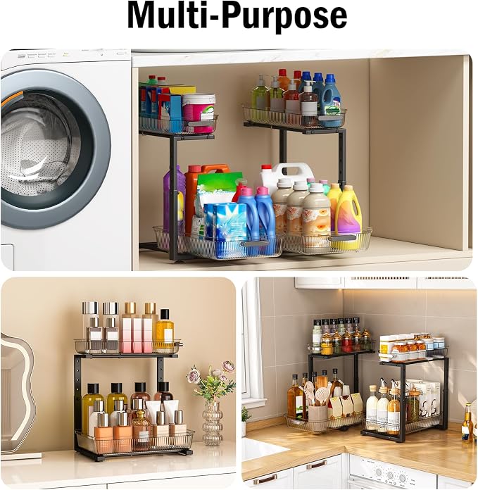 ARSTPEOE 2 Pack Double Sliding Under Sink Organizers and Storage,Two Tier Bathroom Storage and organization,Under Cabinet Organizer, Clear