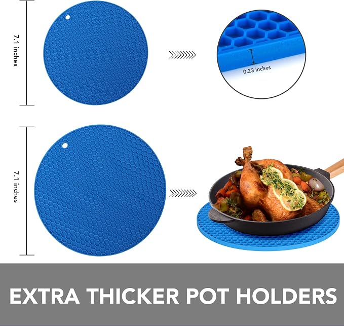 4 Pack Silicone Trivet for Hot Dishes | Heat Resistant Silicone Pot Holders for Kitchen Countertops, Hot Dishes, Jar Opener, Spoon Holder, Easy to Wash, True Blue