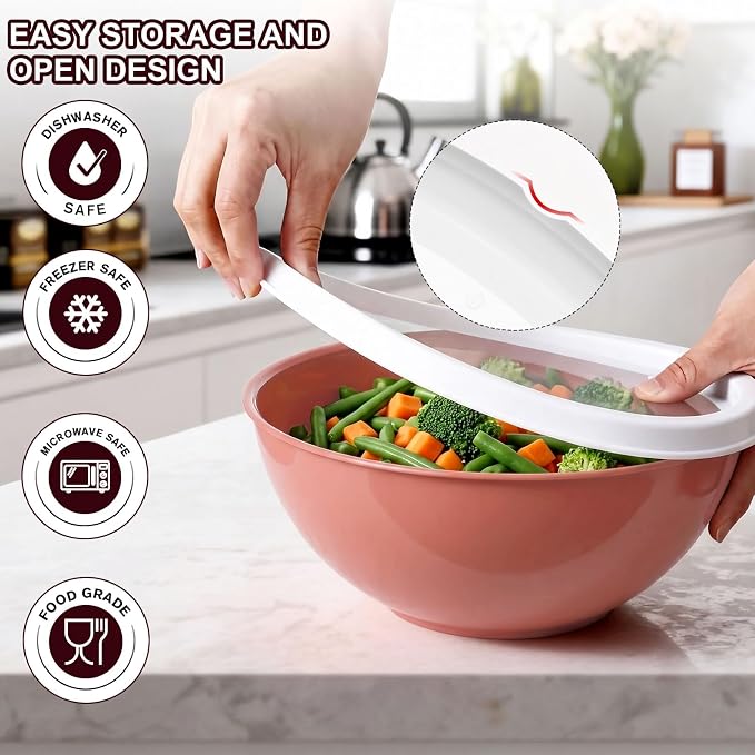 Greentainer Plastic Mixing Bowls with Lids Set for Kitchen, 6 Set Nesting Bowls for Mixing, Baking, Prepping, Cooking and Serving Food, Mixing Bowls Dishwasher, Microwave Safe
